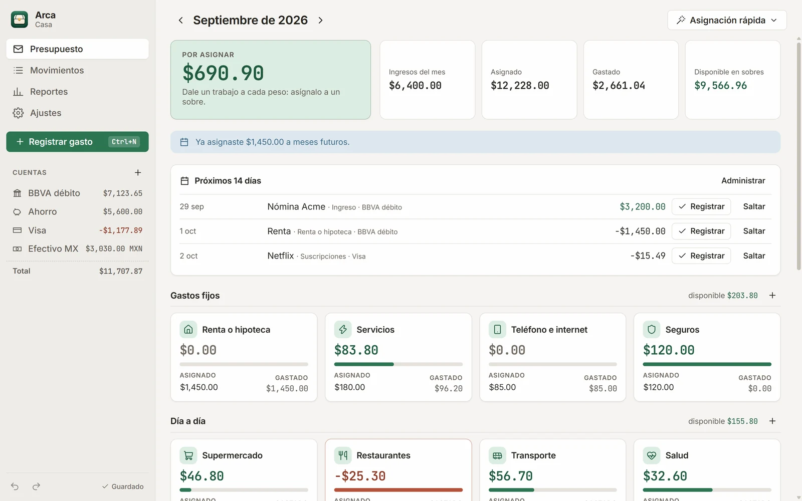 Pantalla de presupuesto de Arca: $690.90 por asignar, facturas de los próximos 14 días y tarjetas de sobres con lo asignado, gastado y disponible.