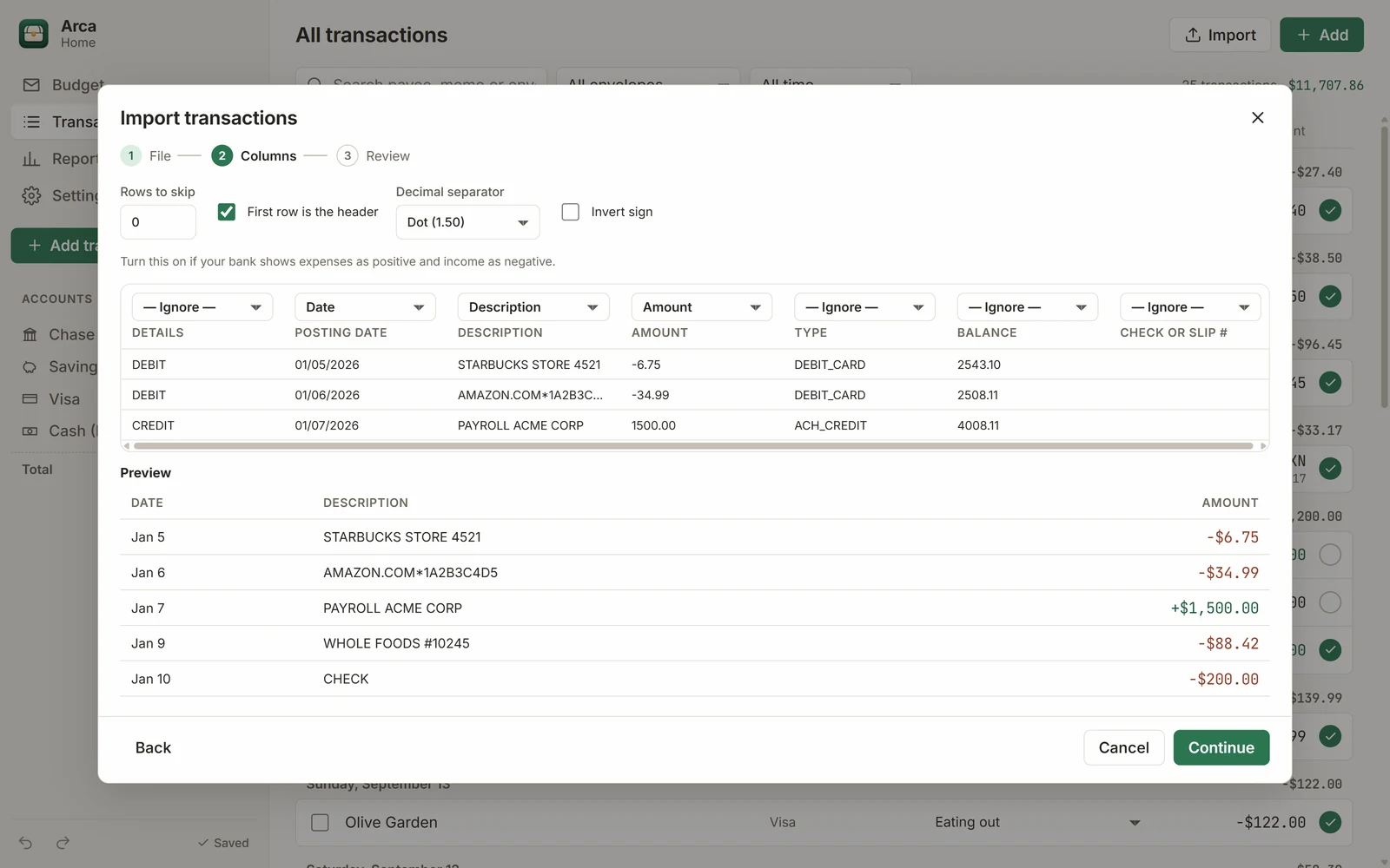 Import wizard mapping the columns of a bank CSV, with a live preview of the transactions.